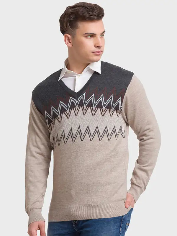 Men Fawn Tailored Fit Jacquard Acrylic Merino Blend Full Sleeve V Neck Collar Sweaters