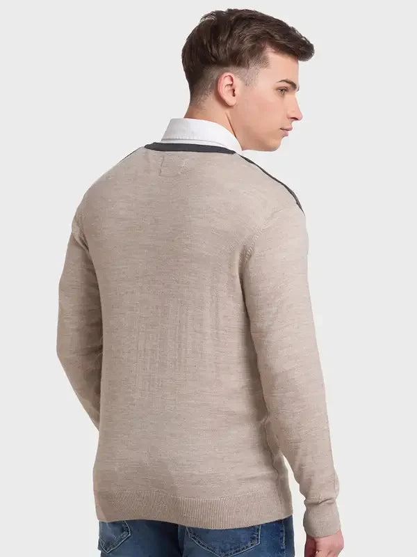 Men Fawn Tailored Fit Jacquard Acrylic Merino Blend Full Sleeve V Neck Collar Sweaters