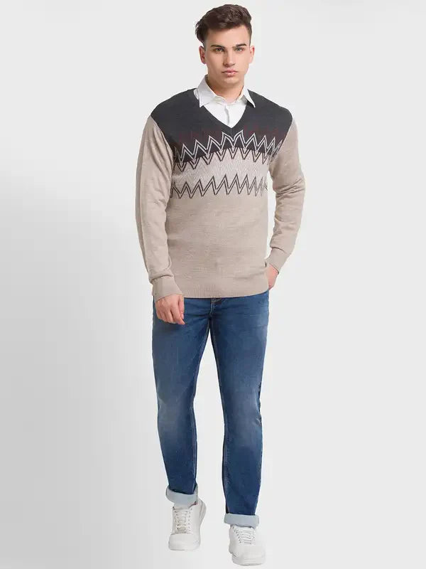 Men Fawn Tailored Fit Jacquard Acrylic Merino Blend Full Sleeve V Neck Collar Sweaters