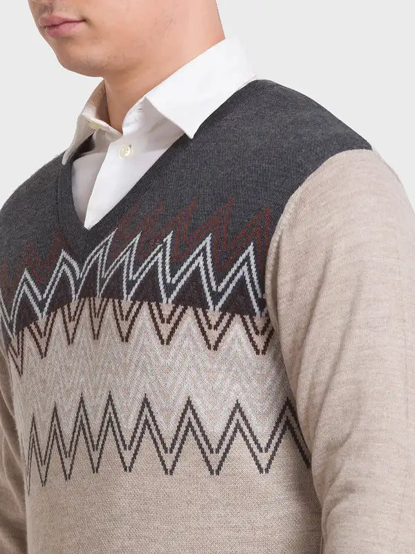 Men Fawn Tailored Fit Jacquard Acrylic Merino Blend Full Sleeve V Neck Collar Sweaters