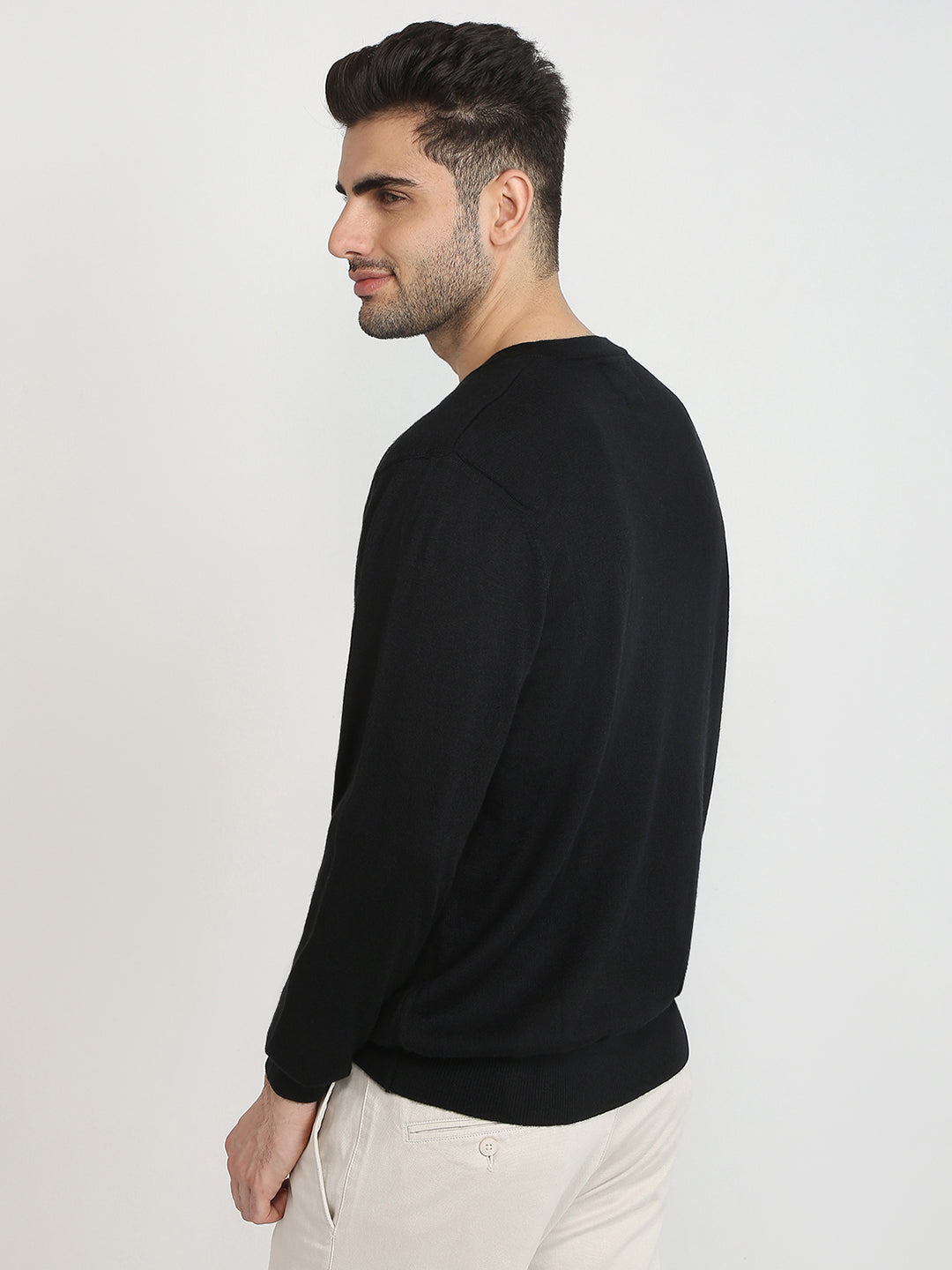 Colorplus Men Black Solid Regular Fit Wool Blend Full Sleeve V Neck Collar Sweater
