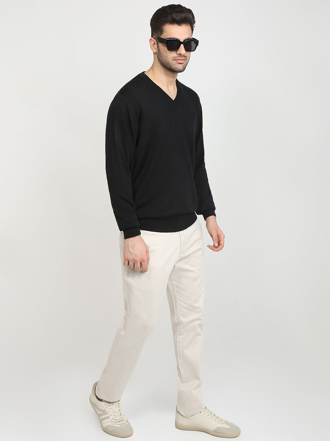 Colorplus Men Black Solid Regular Fit Wool Blend Full Sleeve V Neck Collar Sweater