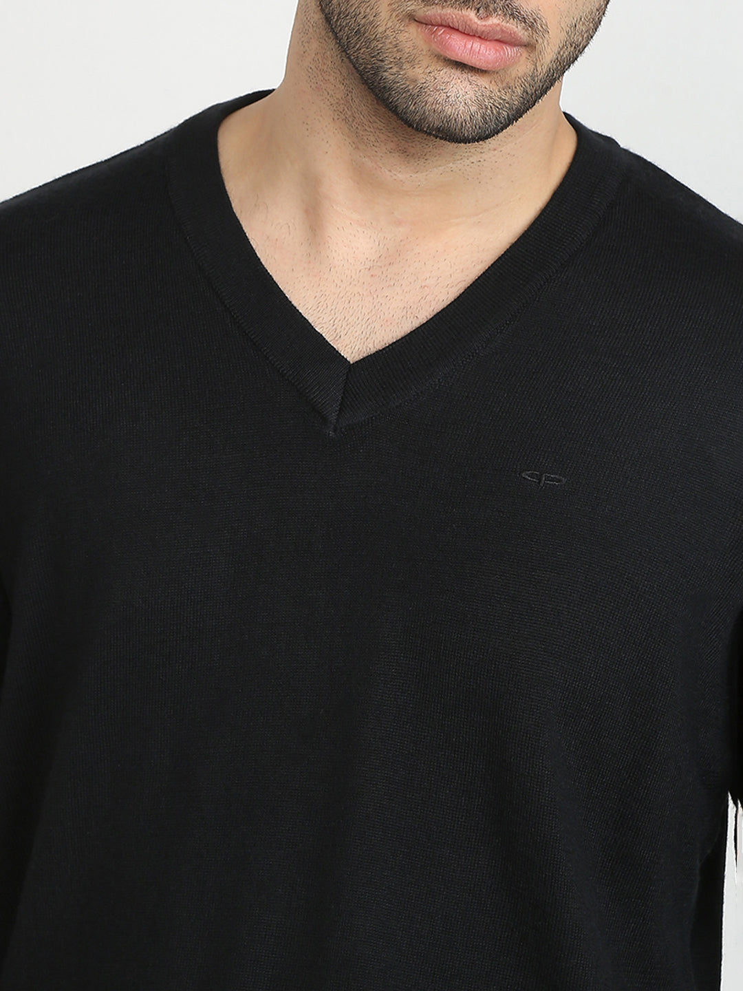 Colorplus Men Black Solid Regular Fit Wool Blend Full Sleeve V Neck Collar Sweater