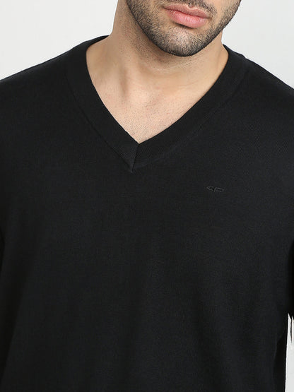 Colorplus Men Black Solid Regular Fit Wool Blend Full Sleeve V Neck Collar Sweater