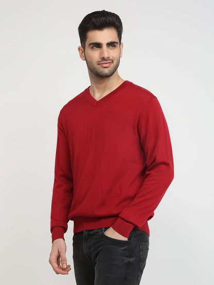 Colorplus Men Red Solid Regular Fit Wool Blend Full Sleeve V Neck Collar Sweater