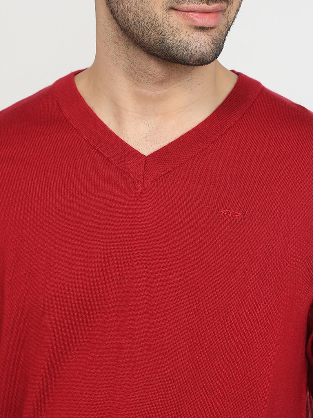 Colorplus Men Red Solid Regular Fit Wool Blend Full Sleeve V Neck Collar Sweater