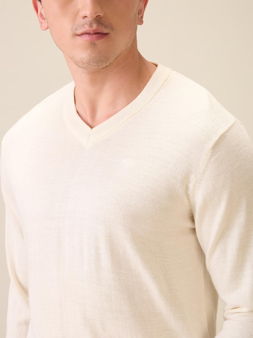 Colorplus Men White Solid Regular Fit Wool Blend Full Sleeve V Neck Collar Sweater