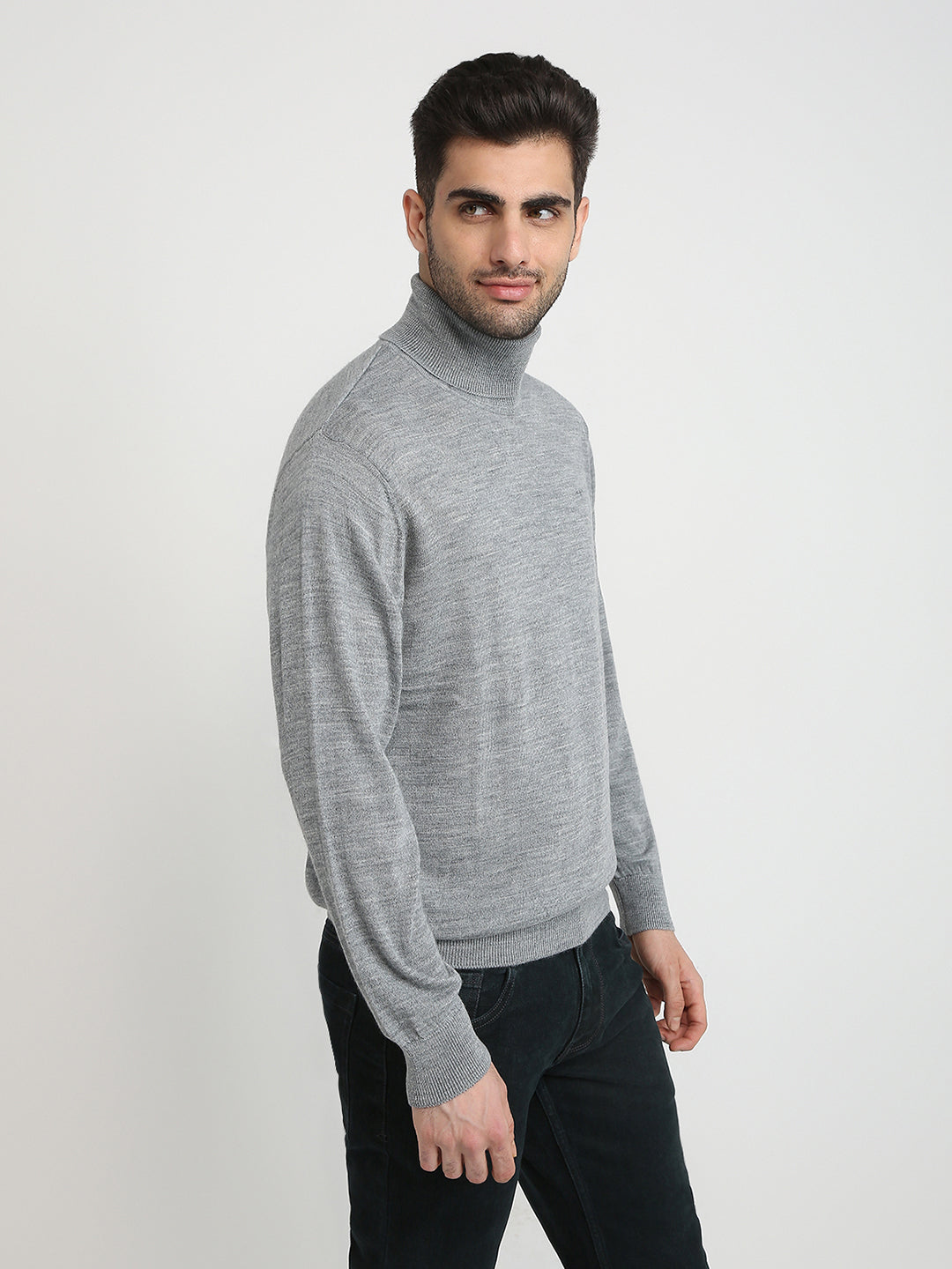 Colorplus Men Grey Solid Regular Fit Wool Blend Full Sleeve V Neck Collar Sweater