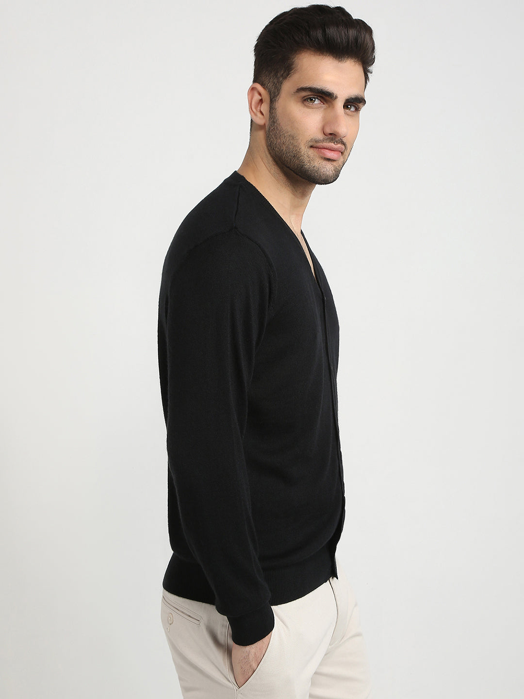 Colorplus Men Black Solid Regular Fit Wool Blend Full Sleeve V Neck Collar Sweater