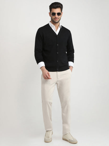 Colorplus Men Black Solid Regular Fit Wool Blend Full Sleeve V Neck Collar Sweater