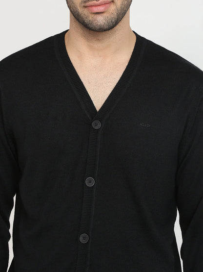 Colorplus Men Black Solid Regular Fit Wool Blend Full Sleeve V Neck Collar Sweater