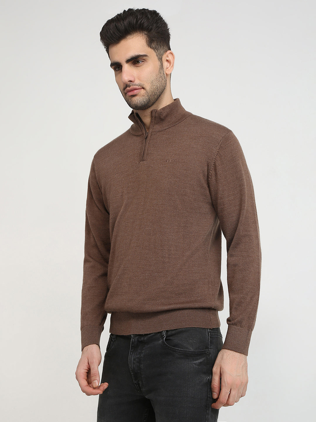 Colorplus Men Brown Solid Regular Fit Wool Blend Full Sleeve V Neck Collar Sweater
