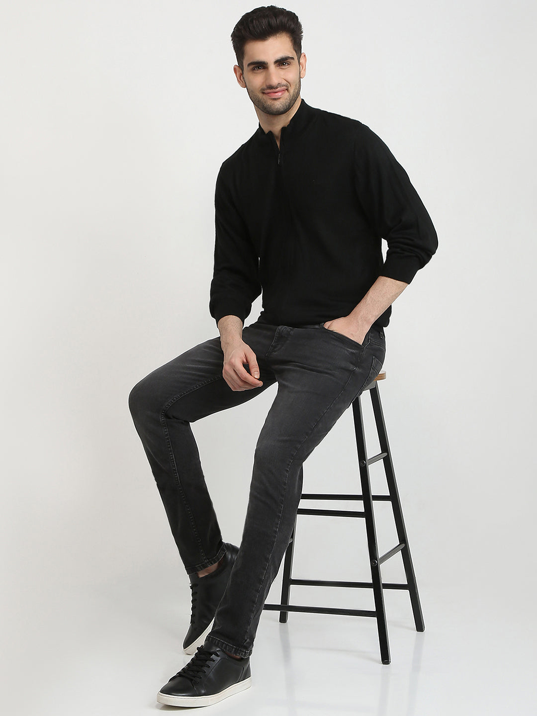 Colorplus Men Black Solid Regular Fit Acro Blend Full Sleeve V Neck Collar Sweater