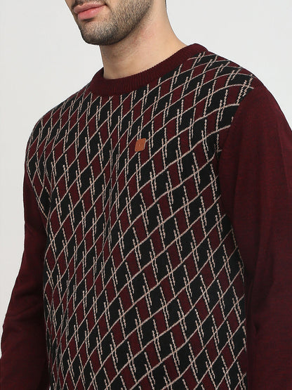 Colorplus Men Maroon Jacquard Regular Fit Acrylic Full Sleeve V Neck Collar Sweater