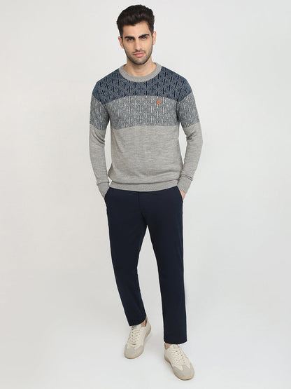 Colorplus Men Grey Jacquard Regular Fit Acrylic Full Sleeve V Neck Collar Sweater