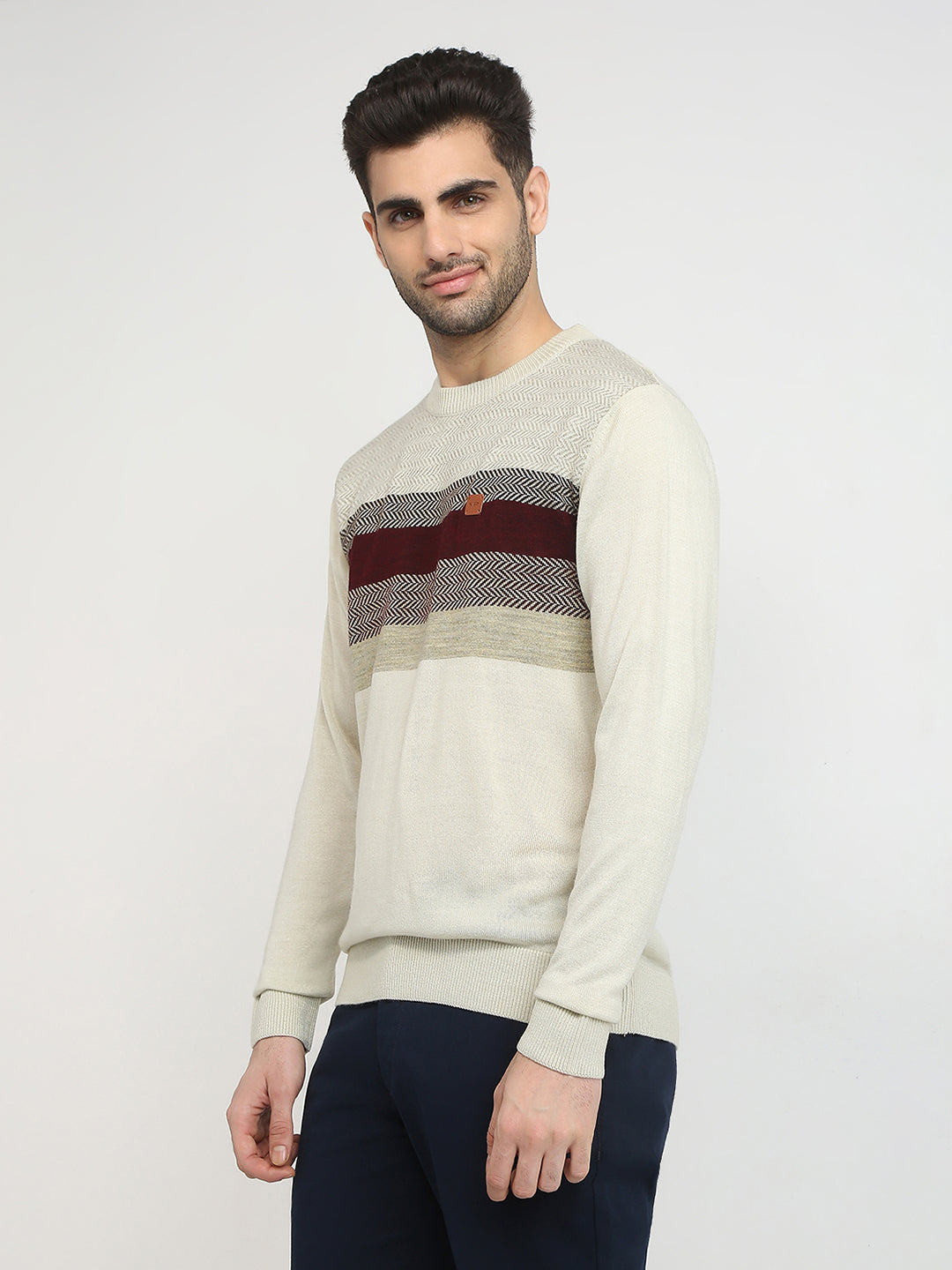 Colorplus Men Brown Jacquard Regular Fit Acrylic Full Sleeve V Neck Collar Sweater