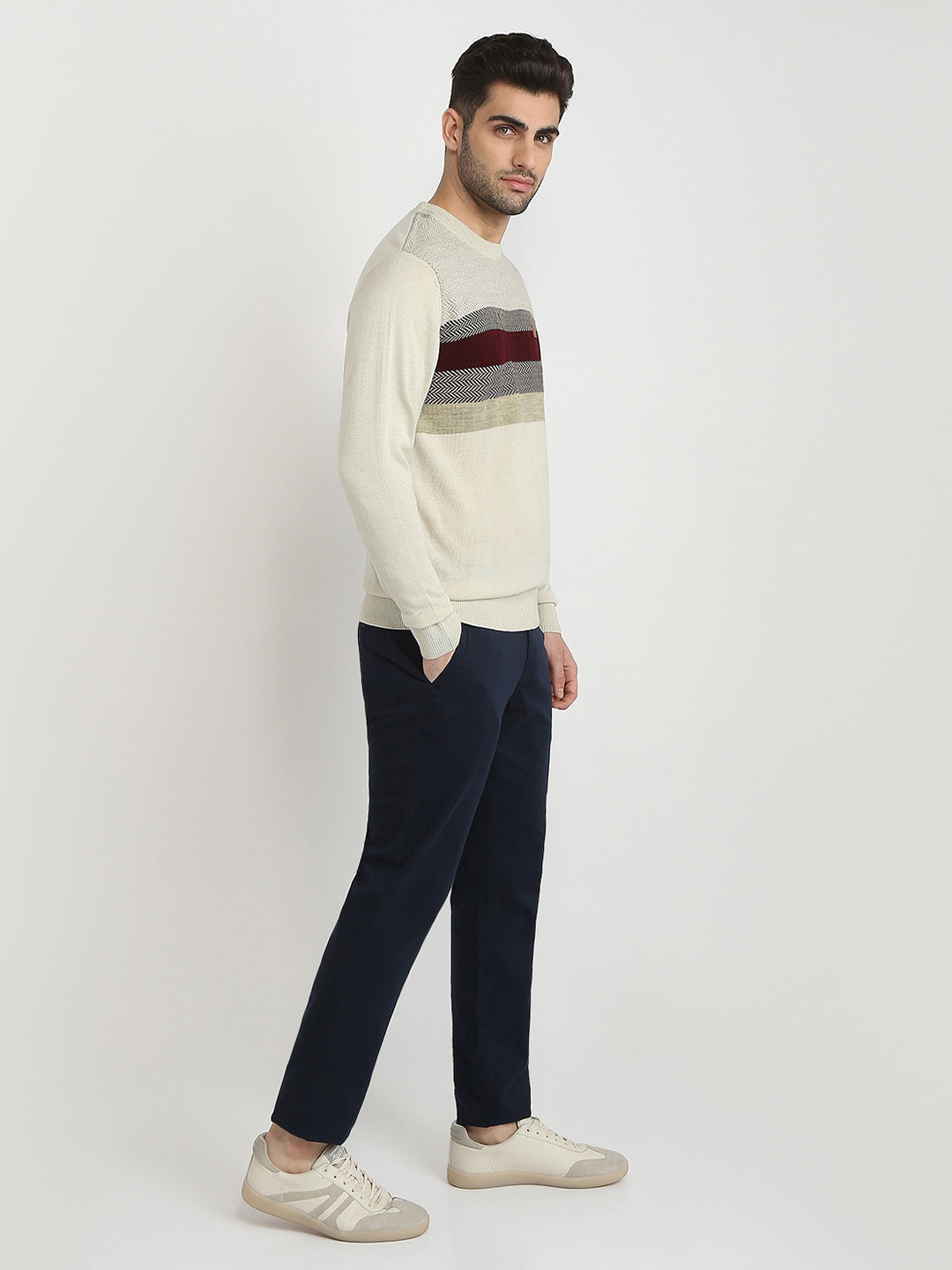 Colorplus Men Brown Jacquard Regular Fit Acrylic Full Sleeve V Neck Collar Sweater