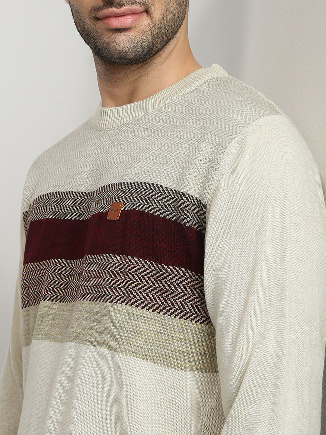 Colorplus Men Brown Jacquard Regular Fit Acrylic Full Sleeve V Neck Collar Sweater