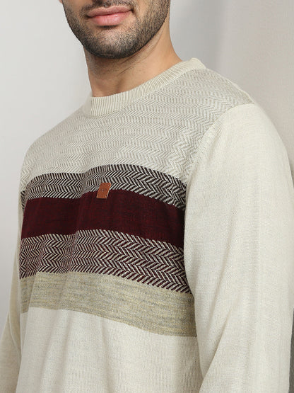 Colorplus Men Brown Jacquard Regular Fit Acrylic Full Sleeve V Neck Collar Sweater