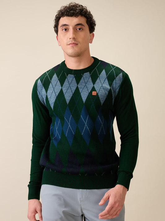 Colorplus Men Green Jacquard Regular Fit Acrylic Full Sleeve V Neck Collar Sweater