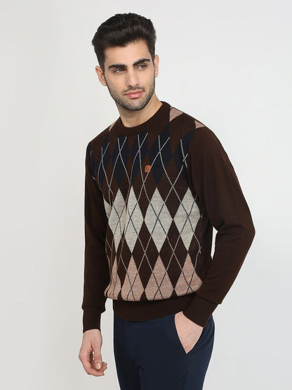 Colorplus Men Brown Jacquard Regular Fit Acrylic Full Sleeve V Neck Collar Sweater