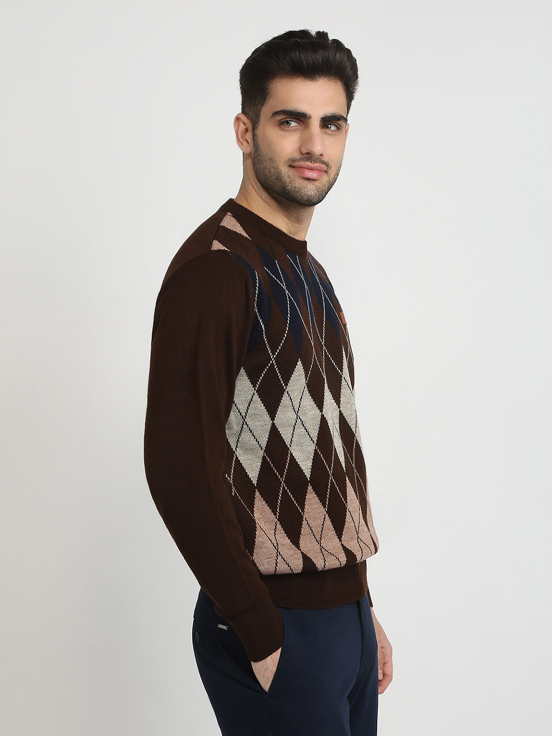 Colorplus Men Brown Jacquard Regular Fit Acrylic Full Sleeve V Neck Collar Sweater