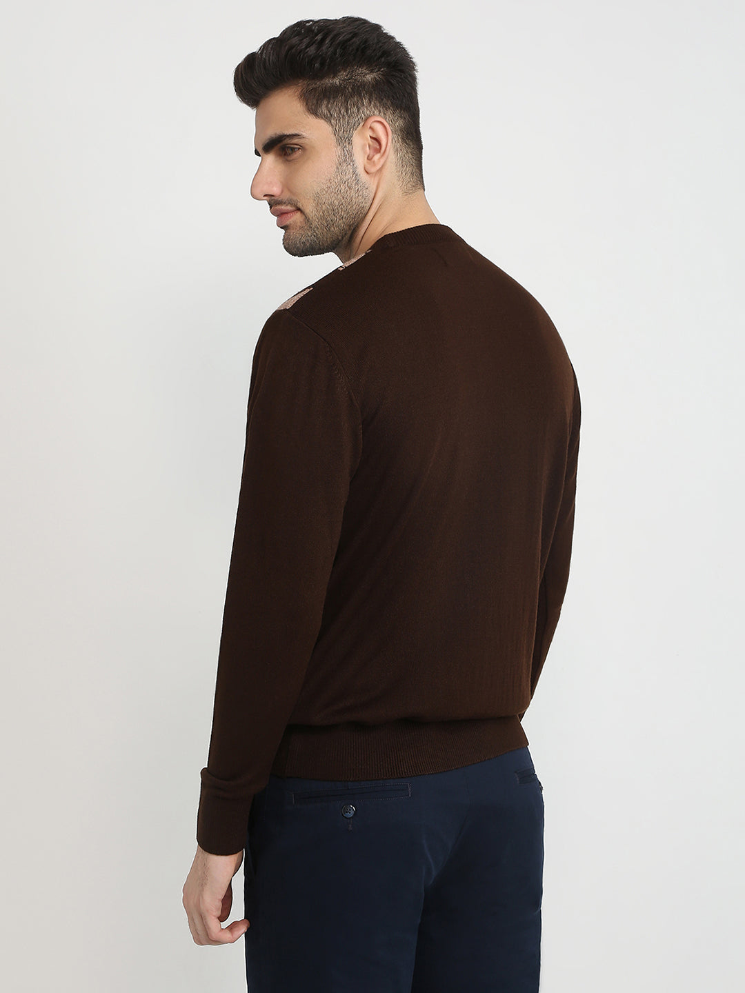 Colorplus Men Brown Jacquard Regular Fit Acrylic Full Sleeve V Neck Collar Sweater