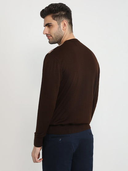 Colorplus Men Brown Jacquard Regular Fit Acrylic Full Sleeve V Neck Collar Sweater