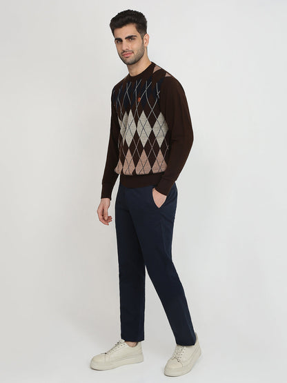 Colorplus Men Brown Jacquard Regular Fit Acrylic Full Sleeve V Neck Collar Sweater