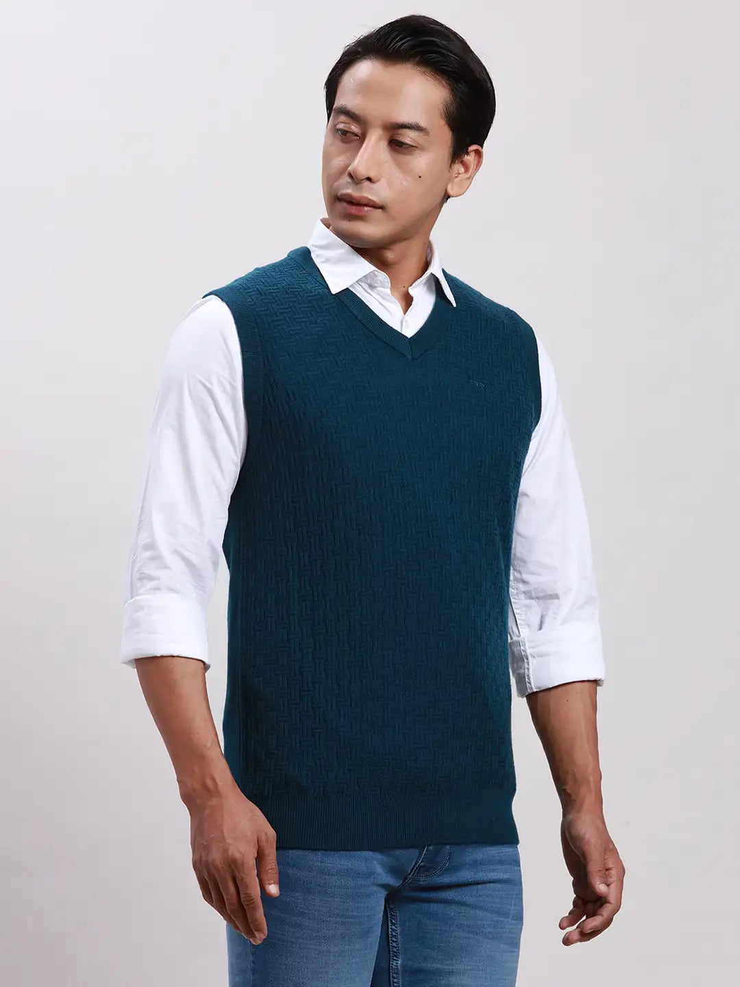 Men Blue Classic Fit Structure Acrylic Blend Sleeveless Sweaters