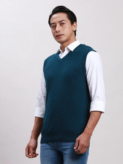 Men Blue Classic Fit Structure Acrylic Blend Sleeveless Sweaters