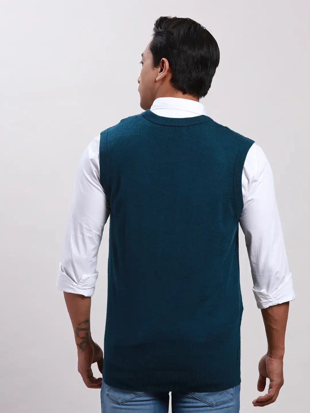 Men Blue Classic Fit Structure Acrylic Blend Sleeveless Sweaters