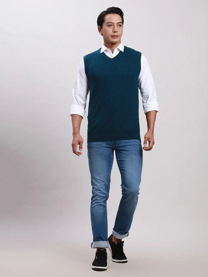 Men Blue Classic Fit Structure Acrylic Blend Sleeveless Sweaters