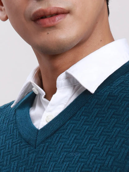 Men Blue Classic Fit Structure Acrylic Blend Sleeveless Sweaters