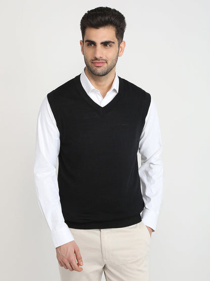 Colorplus Men Black Solid Regular Fit Wool Blend Sleeveless V Neck Collar Sweater