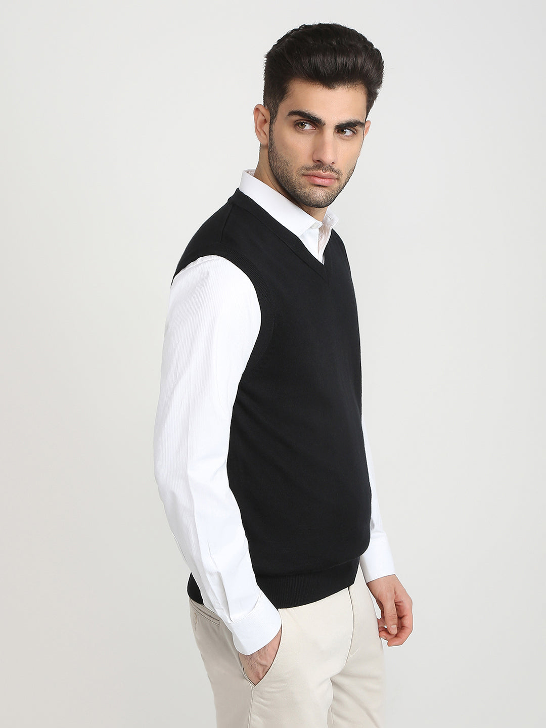 Colorplus Men Black Solid Regular Fit Wool Blend Sleeveless V Neck Collar Sweater