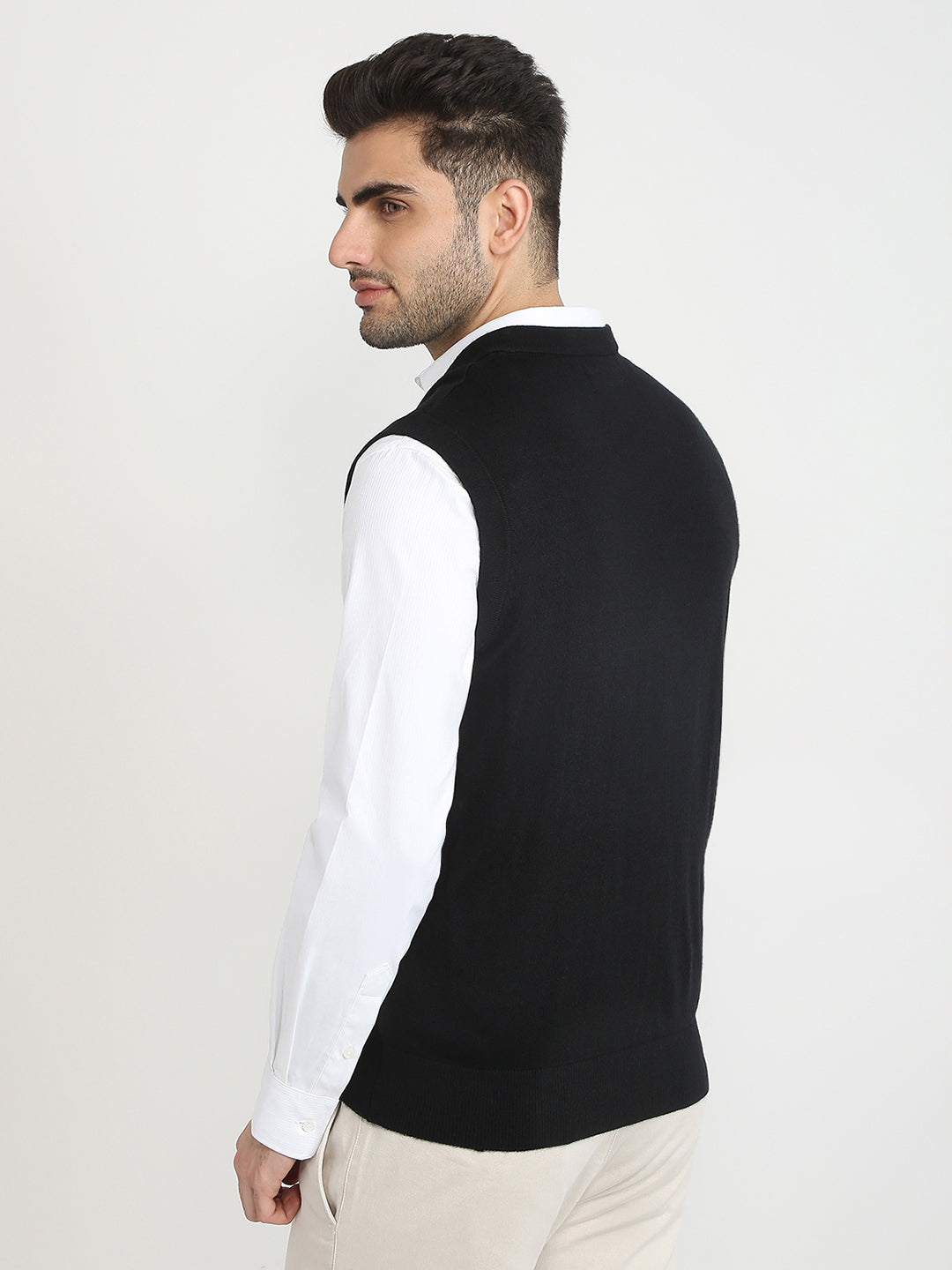 Colorplus Men Black Solid Regular Fit Wool Blend Sleeveless V Neck Collar Sweater