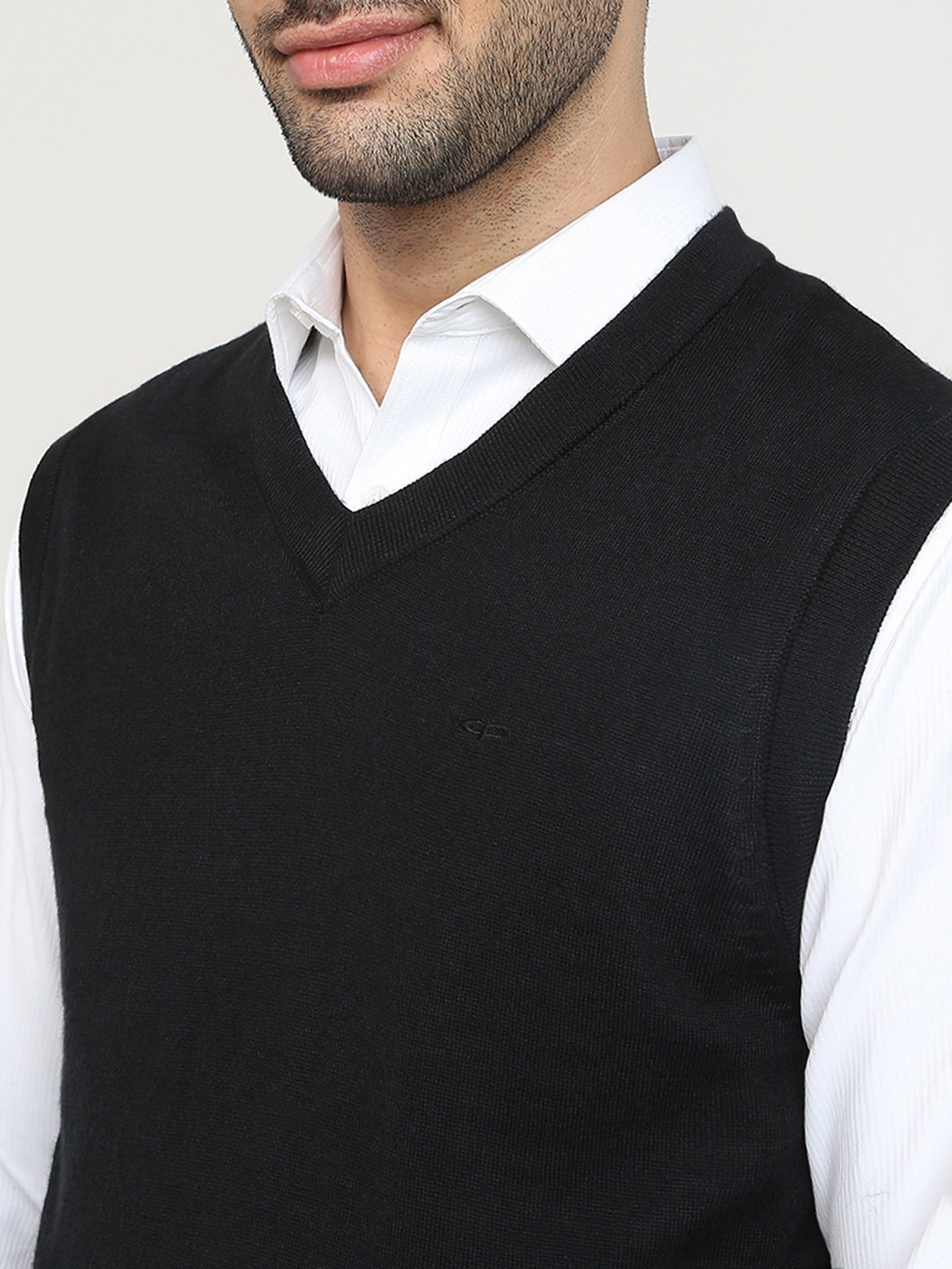 Colorplus Men Black Solid Regular Fit Wool Blend Sleeveless V Neck Collar Sweater