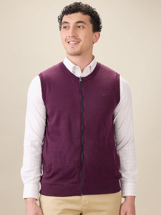 Colorplus Men Maroon Solid Regular Fit Acro Blend Sleeveless V Neck Collar Sweater