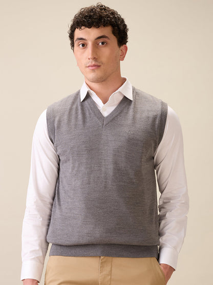 Colorplus Men Grey Plain Regular Fit Wool Blend Sleeveless V Neck Collar Sweater
