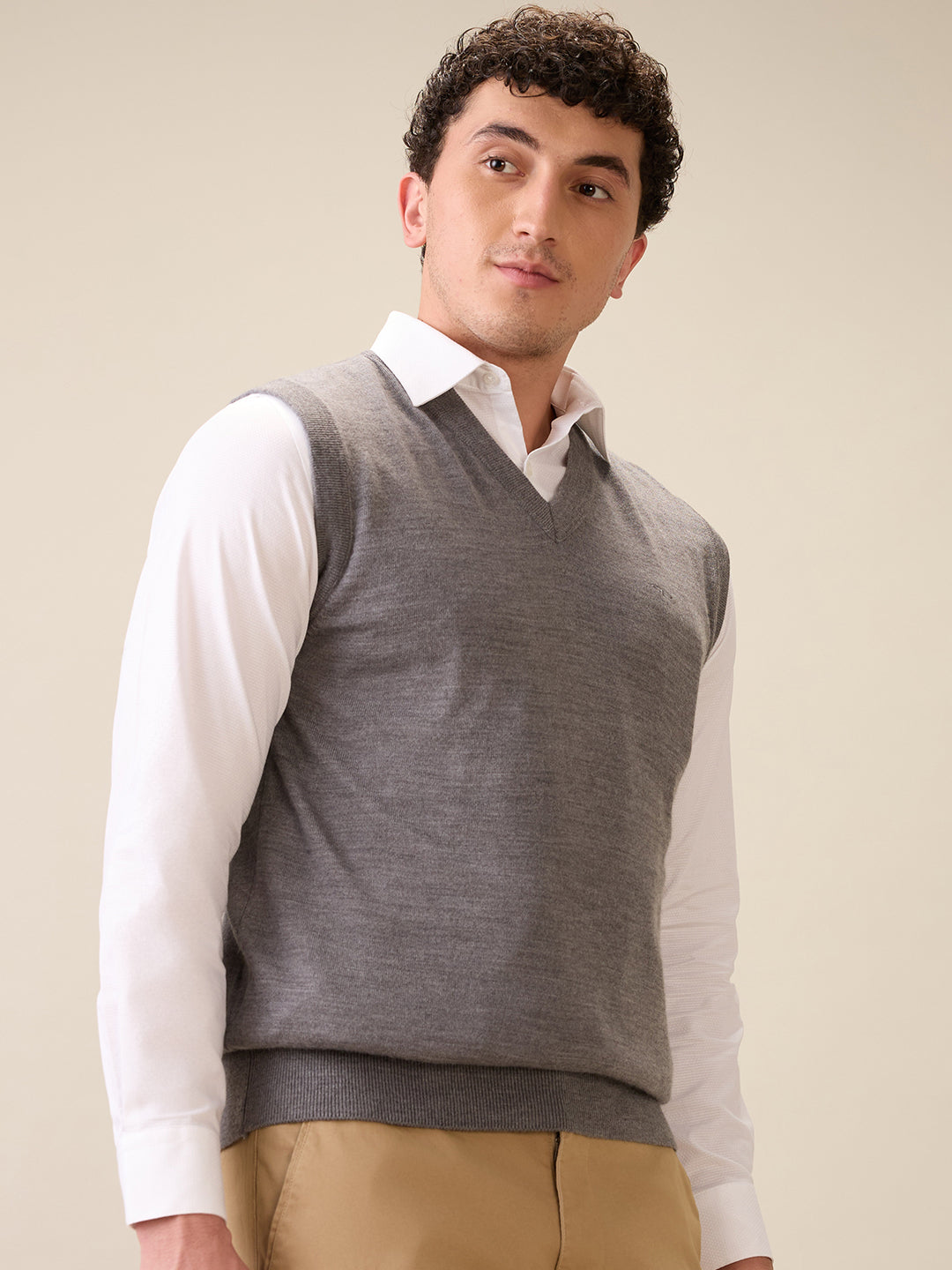 Colorplus Men Grey Plain Regular Fit Wool Blend Sleeveless V Neck Collar Sweater