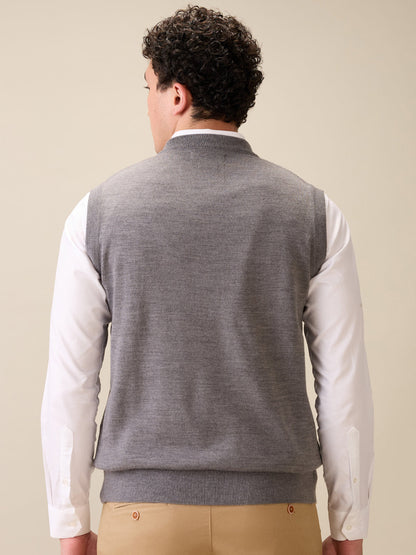 Colorplus Men Grey Plain Regular Fit Wool Blend Sleeveless V Neck Collar Sweater