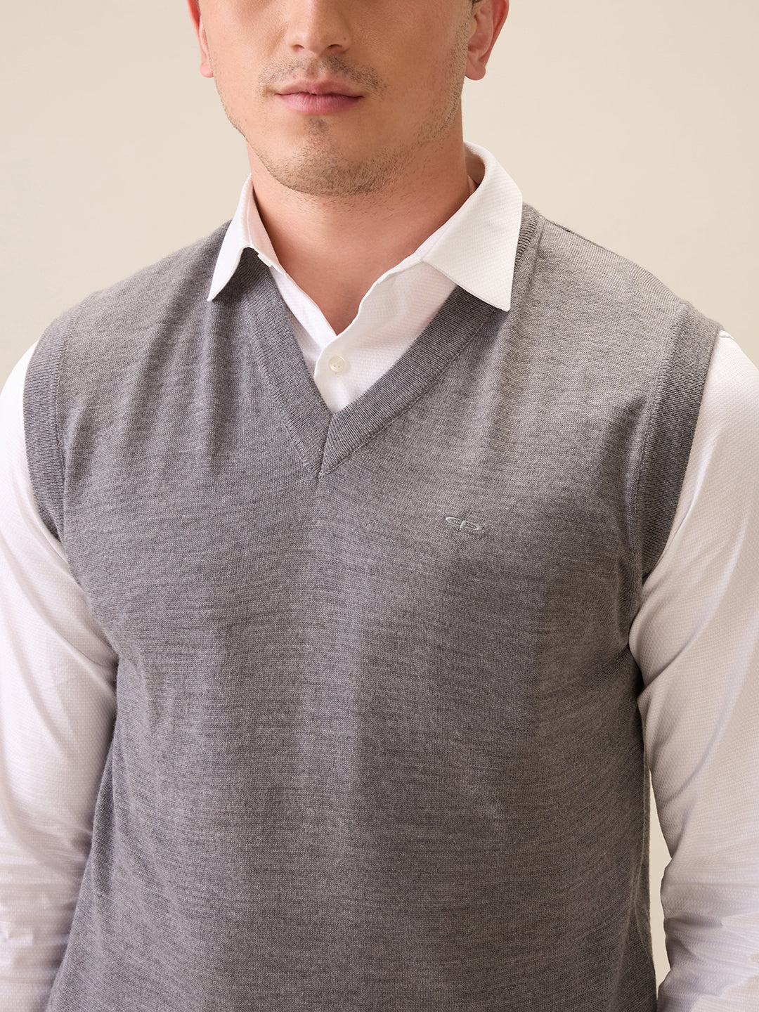 Colorplus Men Grey Plain Regular Fit Wool Blend Sleeveless V Neck Collar Sweater