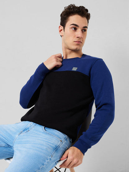 Colorplus Men Blue Solid Regular Fit Cotton Blend Sweatshirt