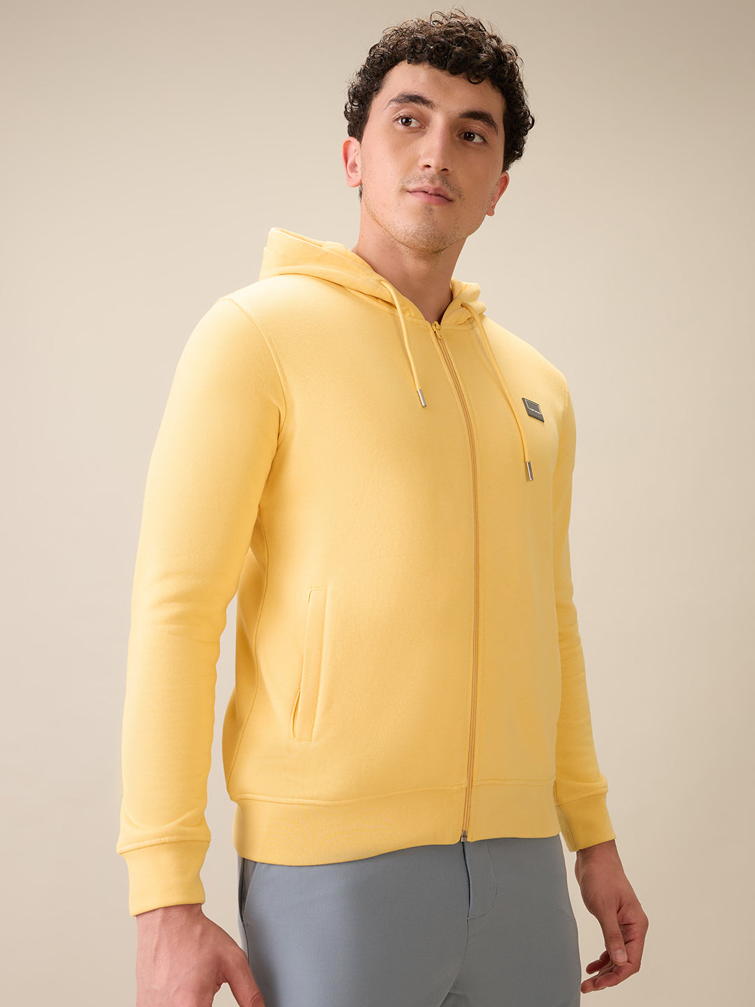 Colorplus Men Yellow Solid Regular Fit Cotton Blend Full Sleeve Sweatshirt