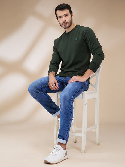 Colorplus Men Green Solid Regular Fit Cotton Blend Sweatshirt
