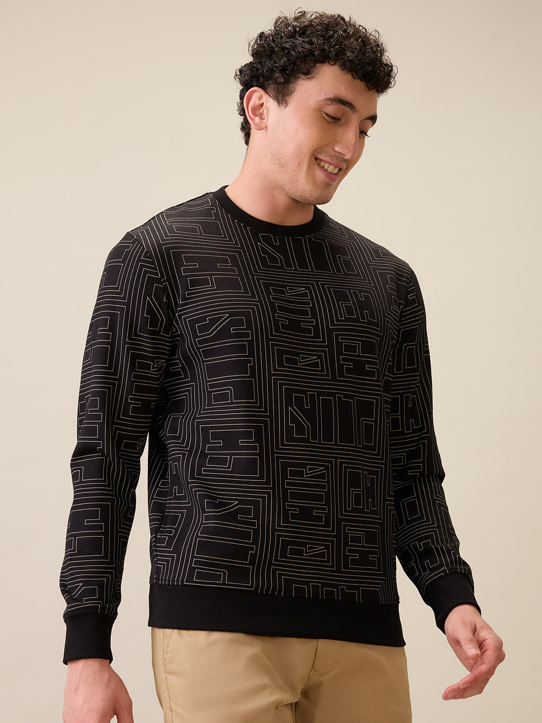 Colorplus Men Black Printed Regular Fit Polyester Blend Full Sleeve Sweatshirt