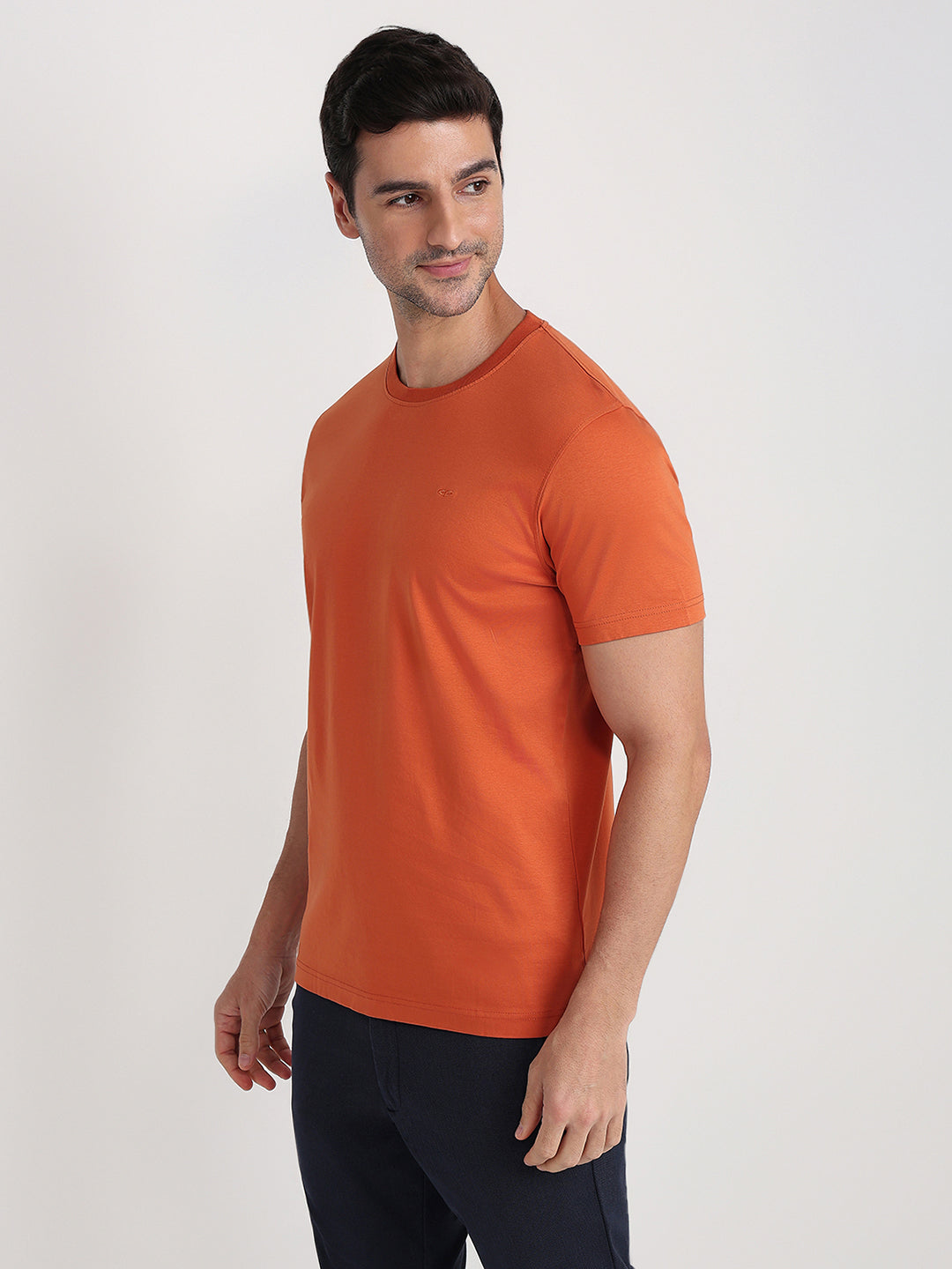 Colorplus Men Orange Solid Regular Fit Cotton Half Sleeve Round Neck Collar T-Shirt