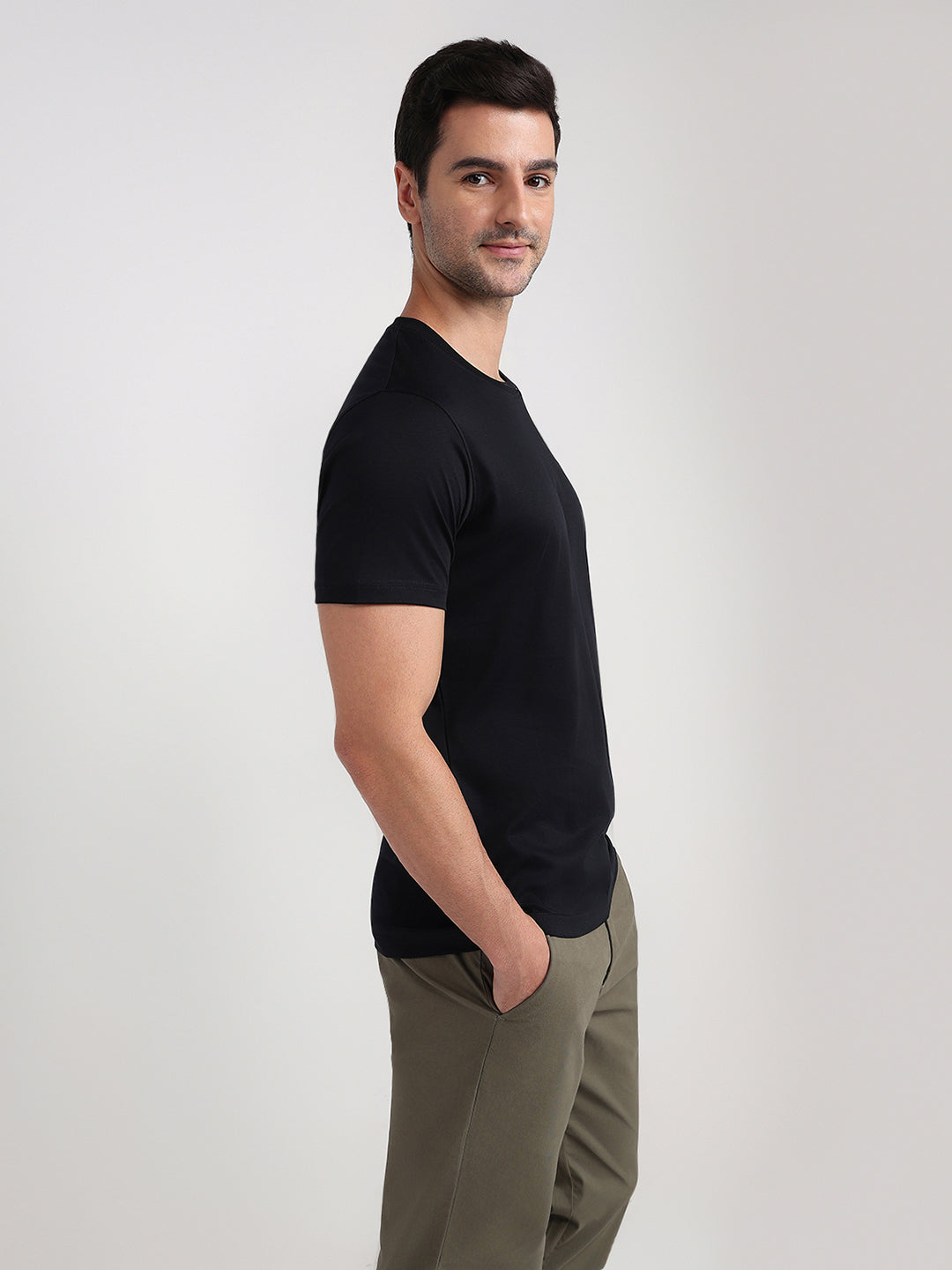 Colorplus Men Black Solid Regular Fit Cotton Half Sleeve T-Shirt