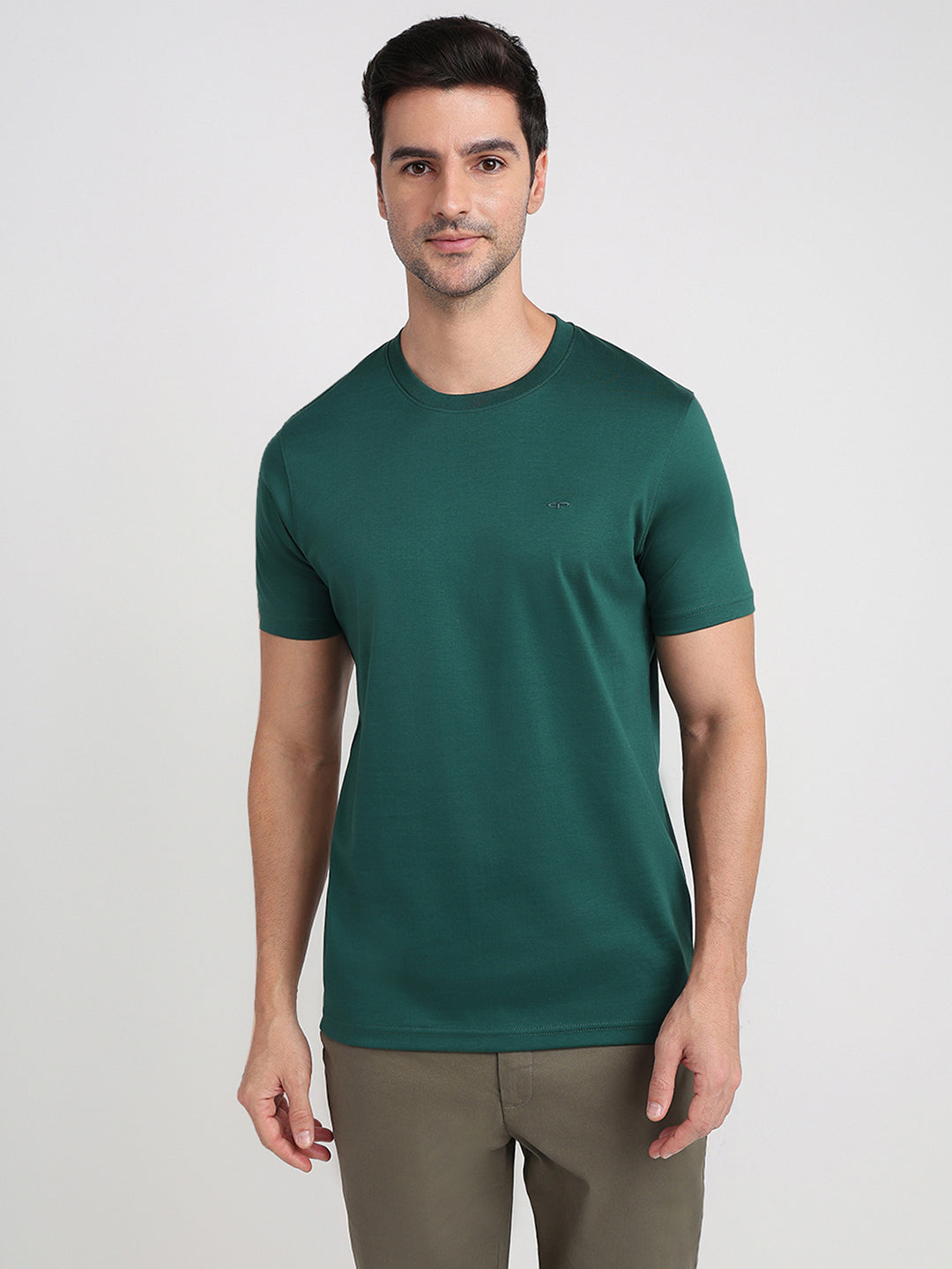 Colorplus Men Green Solid Regular Fit Cotton Half Sleeve Round Neck Collar T-Shirt